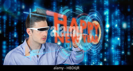 Composite image of man gesturing while using virtual video glasses Stock Photo