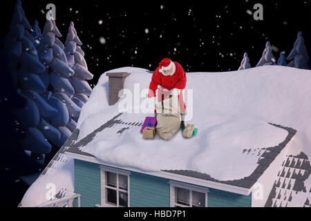 Composite image of santa claus filling gift boxes in sack Stock Photo