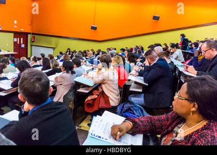 Paris, France, Large Crowd, from behind, sitting, French People inside AIDS HIV COREVIH, ARS, Conference, Medical University Paris, medical training meeting, audience Stock Photo