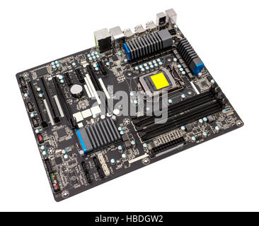 Computer motherboard isolated on white background without CPU cooler Stock Photo