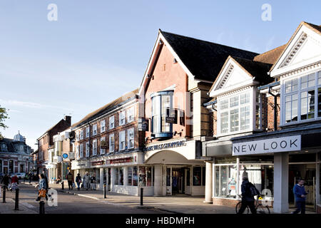 General view of High Street, featuring Rams Walk shopping arcade, Petersfield, a market town in Hampshire, England, UK Stock Photo