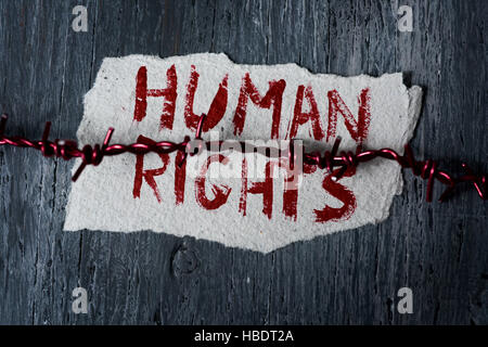 high-angle shot of a barbed wire and a piece of paper with the text human rights handwritten in it on a rustic wooden surface Stock Photo
