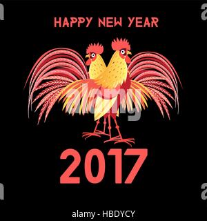 Greeting Christmas card with a rooster the black background Stock Vector