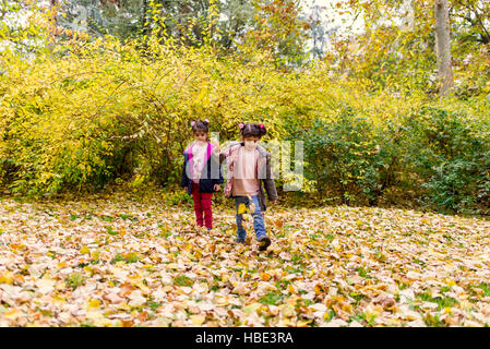 Two little girls having fun in the autumn park Stock Photo