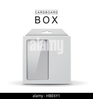 white package box with a transparent plastic window over white background Stock Vector