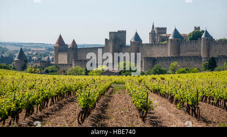 Walls of the medieval city of Carcassonne, Aude, Occitanie, France, Europe Stock Photo