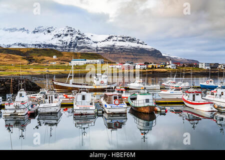 Reflections of boats in the marina at the village of Grundarfjordur, Iceland, Europe. Stock Photo