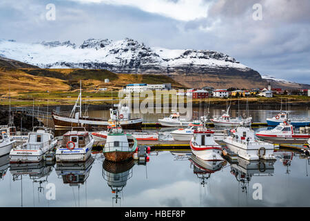 Reflections of boats in the marina at the village of Grundarfjordur, Iceland, Europe. Stock Photo