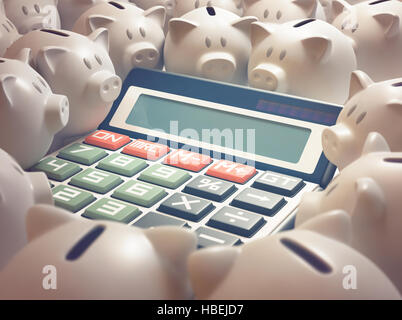 Solar calculator amid several piggy banks. 3D illustration, business and finance concept. Your text on the display. Stock Photo