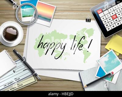 top view of travel items on wooden table with happy life written on paper Stock Vector