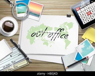 top view of travel items on wooden table with out office written on paper Stock Vector