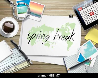 top view of travel items on wooden table with spring break written on paper Stock Vector
