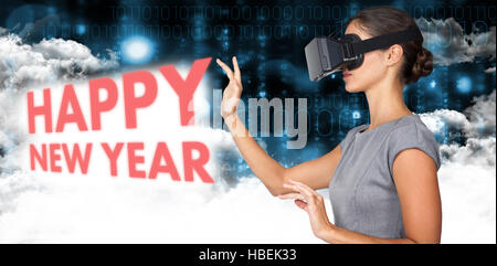 Composite image of side view of young woman gesturing while using virtual video glasses Stock Photo