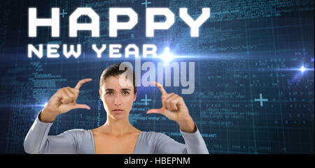 Composite image of portrait of woman gesturing against white background Stock Photo