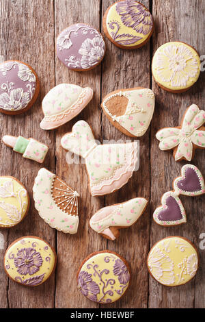 Beautiful gingerbread for the girl close-up on the table. vertical view from above Stock Photo