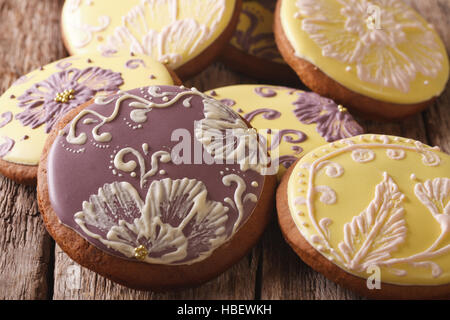 Festive gingerbread with floral pattern Macro on the table. horizontal Stock Photo