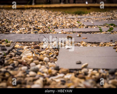Paving set within gravel in garden path Stock Photo