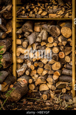 Logs in garden store for winter burning on stove Stock Photo