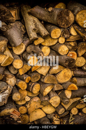 Logs in garden store for winter burning on stove Stock Photo