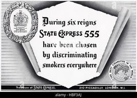 1950s advert advertising from original old vintage 50s English magazine dated 1953 advertisement for State Express 555 cigarettes Stock Photo