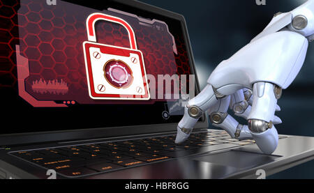 Data Protection. Robot hand over the keyboard laptop. Stock Photo