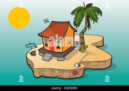 A Caribbean House on a small island with a palmtree, coconuts, fishrod, bucket. Stock Vector