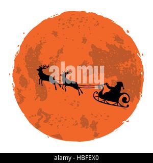 Christmas Illustration of Santa and His Reindeer on Full Moon Background Vector Stock Vector