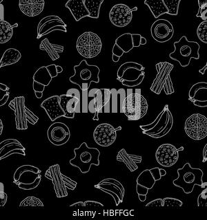 Breakfest hand drawn seamless pattern over black background Stock Vector