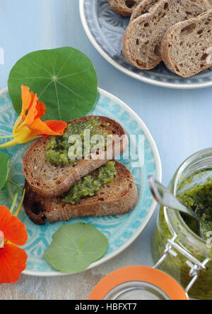 crostini with indian cress pesto Stock Photo