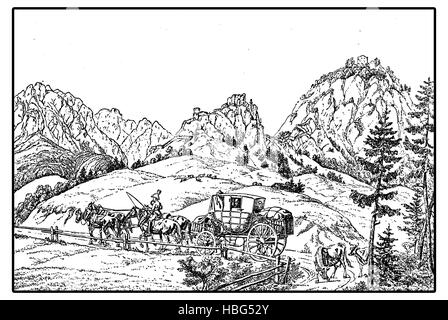 Vintage engraving of a stage coach at the Barriere at the Castle of Ehrenberg on the Alps Stock Photo