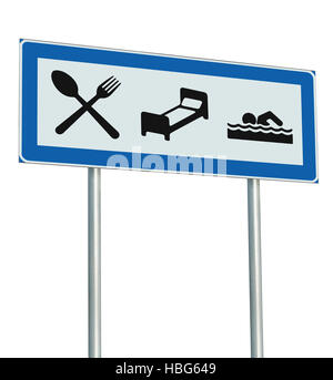 Parking Lot Road Sign Isolated, Restaurant, Hotel Motel, Swimming Pool Icons, Roadside Signage Pole Post, Blue, Black White Accommodation Resort Point Stock Photo