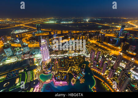 View from Burj Khalifa observation deck, Dubai Fountain, The Address Downtown Burj, Dubai Mall and Souk Al Bahar, night
