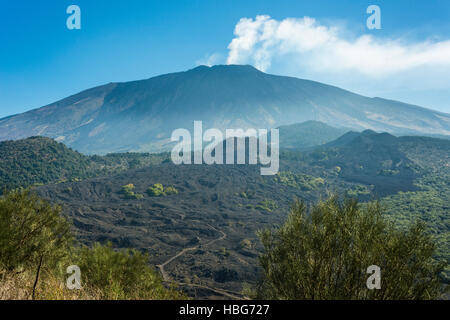 View from Monte Ruvolo of Mount Etna western flank, with Mount Nuovo and Mount Lepre, volcanoes, lava field from 1763 Stock Photo