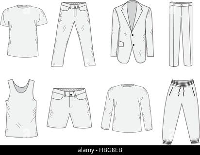 Clothing set sketch. Men's clothes, hand-drawing style. Business suit, jogging suit, T-shirt and shorts, summer clothes. Men's clothes vector illustration. Stock Vector