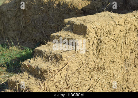 Old adobe wall closeup in sunny day Stock Photo