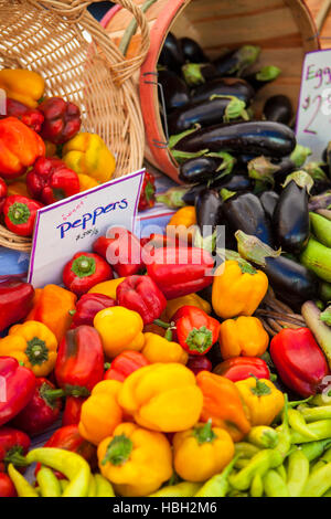 sweet peppers and eggplants, Farmers Market, Santa Barbara, California Stock Photo
