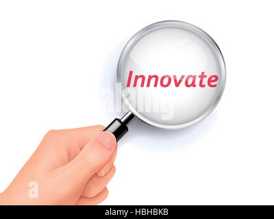innovate showing through magnifying glass held by hand Stock Vector
