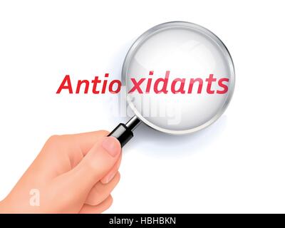 antioxidants showing through magnifying glass held by hand Stock Vector
