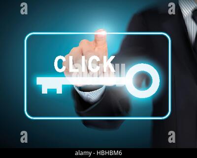 male hand pressing click key button over blue abstract background Stock Vector