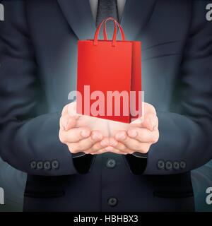 close-up look at businessman holding red paper bag Stock Vector