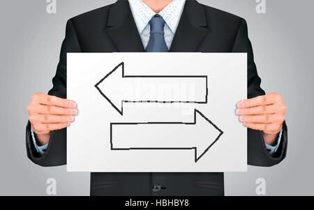 close-up look at businessman holding different directions poster Stock Vector