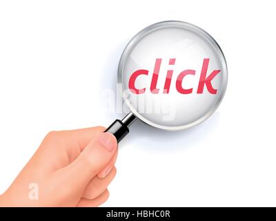 click showing through magnifying glass held by hand Stock Vector