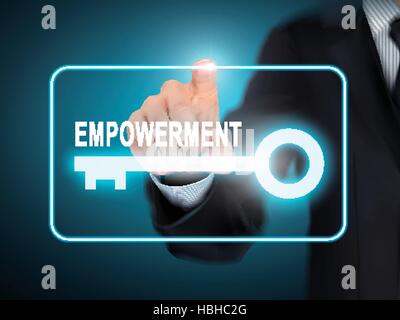 male hand pressing empowerment key button over blue abstract background Stock Vector