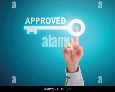 male hand pressing approved key button over blue abstract background Stock Vector