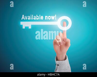 male hand pressing available now key button over blue abstract background Stock Vector
