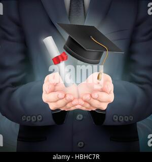close-up look at businessman holding graduation caps and diploma Stock Vector