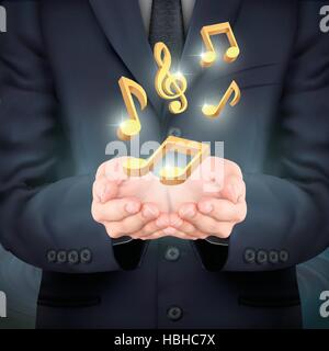 close-up look at businessman holding golden music notes Stock Vector