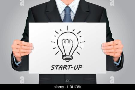 close-up look at businessman holding start-up poster Stock Vector