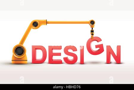 industrial robotic arm building DESIGN word on white background Stock Vector