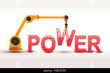 industrial robotic arm building POWER word on white background Stock Vector